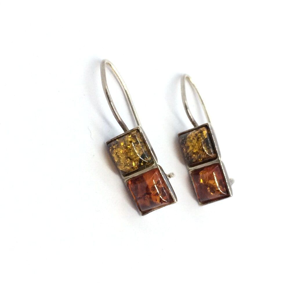 Sterling Silver Amber Earrings 925 Two Tone Baltic Amber Modernist Vintage